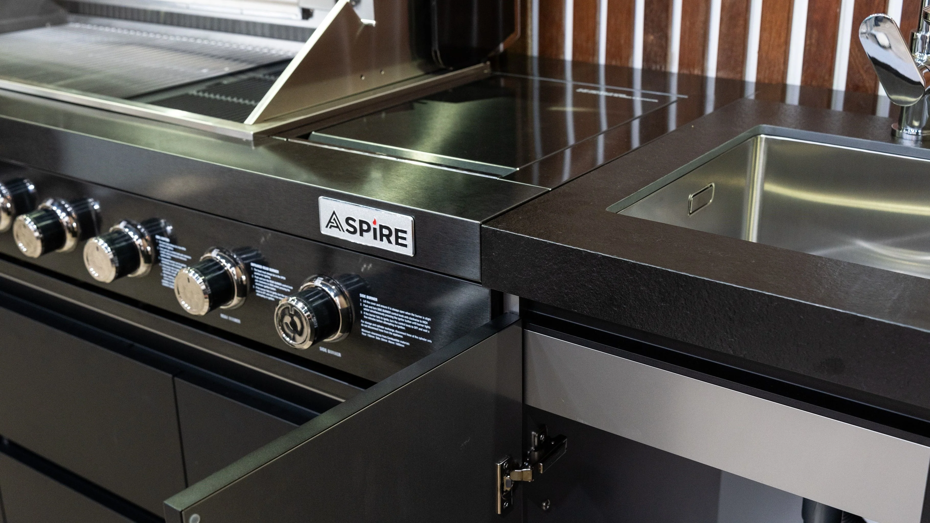 Aspire 6 Burner BBQ Outdoor Modular Kitchen with Sink, Single Fridge & Cabinet - Image 16